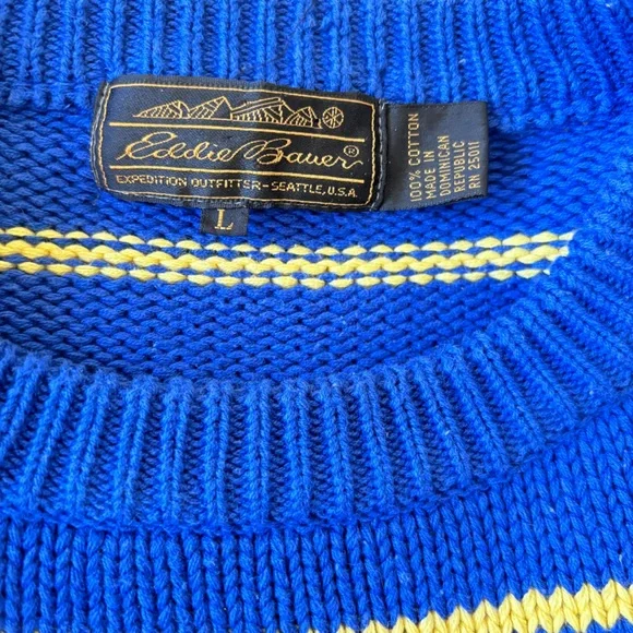 Eddie Bauer Vintage 
Cotton Crew Neck Sweater for Spring
Blue yellow stripes!
L - Picture 9 of 14